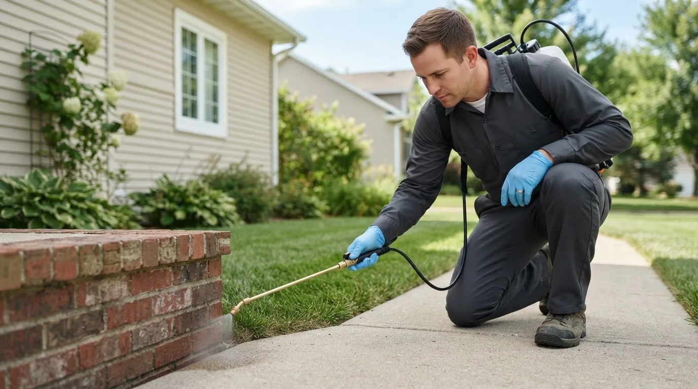 Pest control technician treating a home near Bernalillo, NM